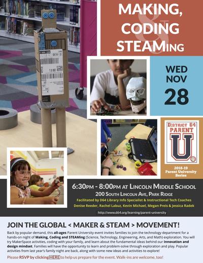 "Making, Coding, STEAMing" flier