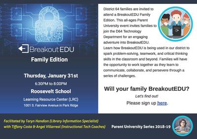 Flyer for Parent U Breakout EDU